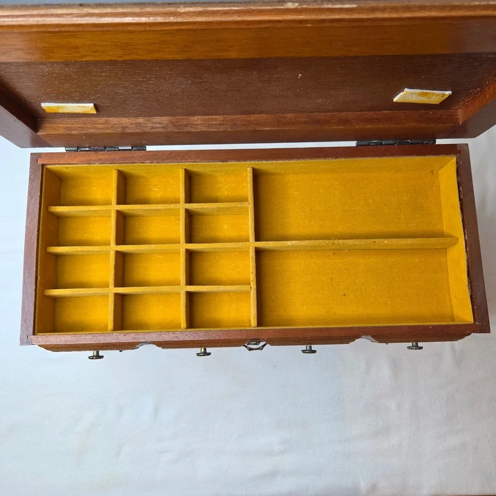 Vtg Sankyo Wooden Musical Jewelry Box Chest Faux Drawer Design Brown Yellow READ
